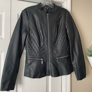 Versona Black Faux Leather Moto Jacket Quilted Panels Zip Front | Women’s Small